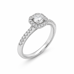 De Beers Forevermark Halo Engagement Ring with Pave Shank in 18K White Gold