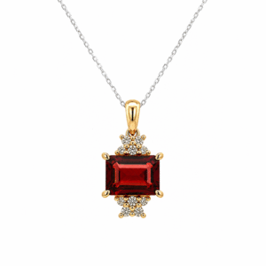 Emerald Cut Garnet and Canadian Diamond Accent Pendant in Yellow Gold and Silver Chain
