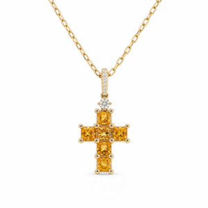 Yellow Sapphire 1.22 Carat TW and Canadian Diamond Cross Pendant in Yellow and White Gold
