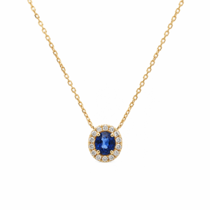 Blue Sapphire and Canadian Diamond Halo Necklace In Yellow Gold
