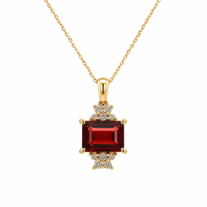 Emerald Cut Garnet and Canadian Diamond Accent Pendant in Yellow Gold