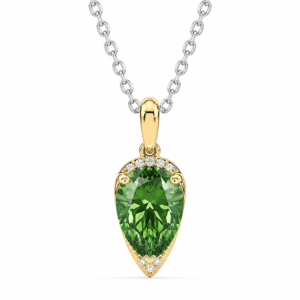 Pear Shaped 1.75 Carat Green Sapphire and Canadian Diamond Pendant in Yellow Gold and Silver Chain
