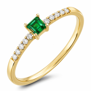 Princess Cut Emerald 0.10 Carat and Canadian Diamond Ring in Yellow Gold