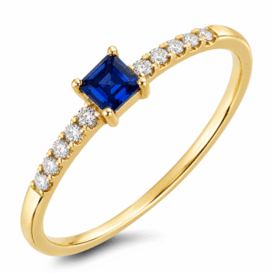 Princess Cut Blue Sapphire 0.17 Carat and Canadian Diamond Ring in Yellow Gold