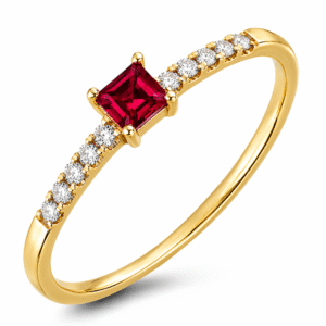Princess Cut Ruby 0.12 Carat and Canadian Diamond Ring in Yellow Gold