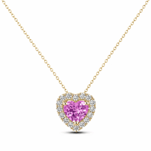 Heart Shape Non Heated Pink Sapphire and Canadian Diamond Halo Pendant in Yellow Gold