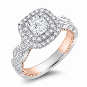 GIA Diamond Vintage Style Double Halo Engagement Ring in 18K White and Rose Gold