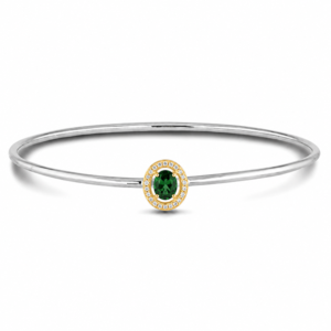 Green Sapphire and Canadian Diamond Halo Yellow Gold and Sterling Silver Bangle