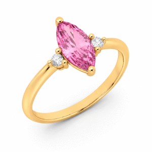 Non Heated Tanzanian Origin Purple Pink Sapphire and Canadian Diamond Three Stone Ring in Yellow Gold