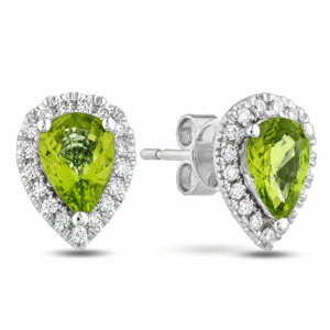 Pear Shape Peridot and Canadian Diamond Halo Stud Earrings in White Gold