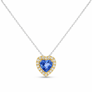Heart Shaped Blue Sapphire and Canadian Diamond Halo Pendant in Yellow Gold With Silver Chain