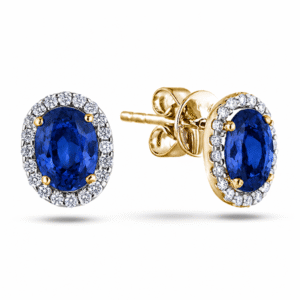 Oval Cut Blue Sapphire and Canadian Diamond Halo Stud Earrings in Yellow Gold