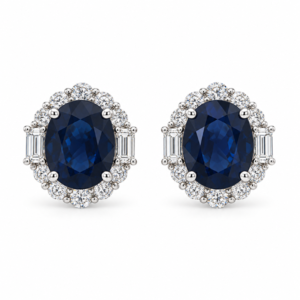 Blue Sapphire 8.27 Carat TW and Diamond Floral Halo Earrings in 18K White Gold