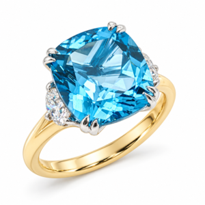 De Beer Forevermark Diamond and 5.74 Carat Blue Topaz Trilogy Ring in 18K Yellow Gold