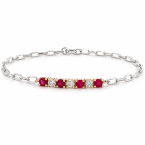Canadian Diamond and Ruby Yellow Gold and Sterling Silver Bracelet with Paperclip Chain