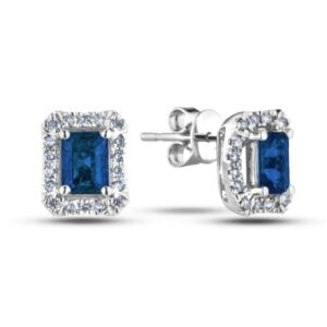 Emerald Cut Sapphire and Canadian Diamond Halo Stud Earrings in White Gold