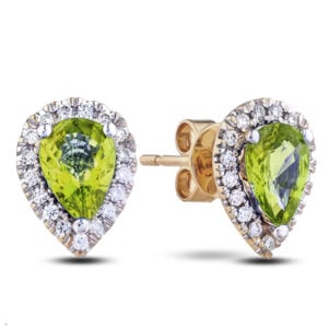 Pear Shape Peridot And Canadian Diamond Halo Stud Earrings in Yellow Gold