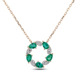 Pear Shape Emerald 1.89 Carat TW And Canadian Diamond Circle Necklace In Yellow Gold