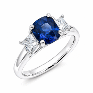 Blue Sapphire and GIA Diamond Trilogy Ring in 18K White Gold