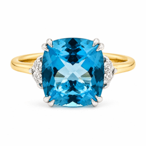 De Beer Forevermark Diamond and 5.74 Carat Blue Topaz Trilogy Ring in 18K Yellow Gold
