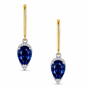 Pear Shaped Blue Sapphire and Diamond Dangle Earrings 14K White and Yellow Gold