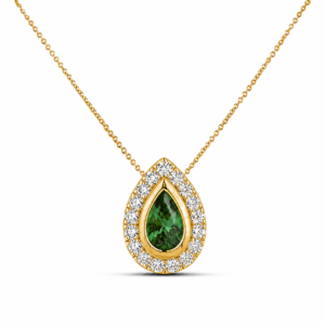 Pear Shaped Non Heated Green Sapphire and Canadian Diamond Halo Pendant in Yellow Gold