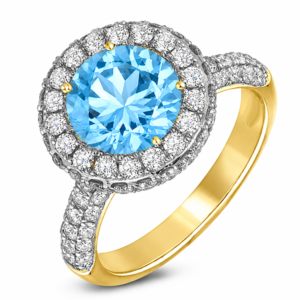 Blue Topaz and Canadian Diamond Halo Ring in 18K Yellow Gold