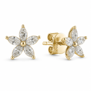 Marquise Cut Canadian Diamond Flower Stud Earrings in Yellow Gold 0.65 Carat TW