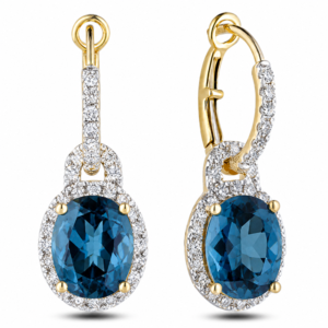 Blue Topaz 6.17 Carat TW and Canadian Diamond Halo Hoop Dangle Earrings in Yellow Gold