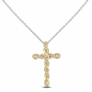 Canadian Diamond Twist Style Cross Necklace in Yellow Gold and Silver Chain