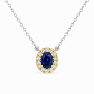 Oval Shaped Blue Sapphire and Canadian Diamonds Halo Pendant in Yellow Gold and Silver Chain