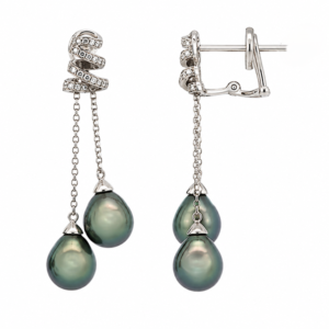 Baroque Origin Black Pearl and Diamond Drop Dangle Earrings in 18K White Gold