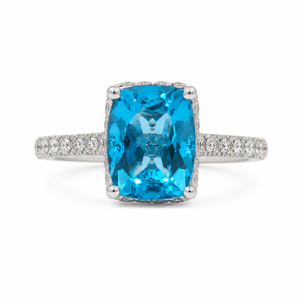 Blue Topaz And Canadian Diamond Hidden Halo Ring in 18K White Gold