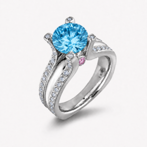 Blue Topaz and Pink Sapphire Ring with Diamond Accents in 18K White Gold