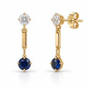 Canadian Diamonds and Blue Sapphire Drop Stud Earrings in Yellow and White Gold