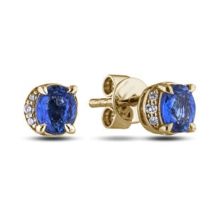 Oval Shaped Blue Sapphire and Canadian Diamond Half Halo Stud Earrings in Yellow Gold