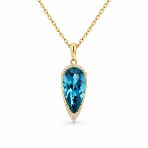 Pear Shaped 5.04 Carat Blue Topaz and Canadian Diamond Pendant in Yellow Gold