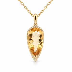 Pear Shaped 7.38 Carat Citrine and Canadian Diamond Pendant in Yellow Gold