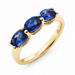 Blue Sapphire and Canadian Diamond Ring With Hidden Halo Detail in Yellow Gold