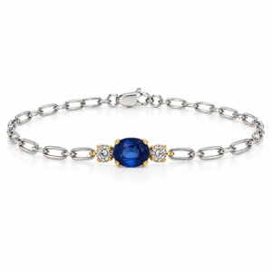 Blue Sapphire and Canadian Diamond Bracelet with Paperclip Chain in Yellow Gold and Sterling Silver