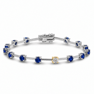 Canadian Diamond and 3.00 Carat TW Blue Sapphire Bracelet in Yellow Gold and Sterling Silver