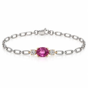 Pink Sapphire and Canadian Diamond Bracelet with Paperclip Chain in Yellow Gold and Sterling Silver