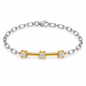 Canadian Diamond Bar Bracelet in Yellow Gold with Sterling Silver Paperclip Chain