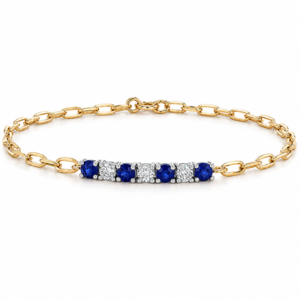 Blue Sapphire and Canadian Diamond Paperclip Bracelet in Yellow and White Gold