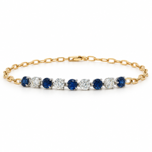 Blue Sapphire 1.15 Carat TW and Canadian Diamond Bracelet With Paperclip Chain in Yellow and White Gold