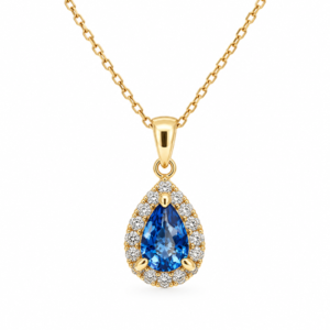 Blue Sapphire and Canadian Diamond Halo Drop Pendant in Yellow Gold