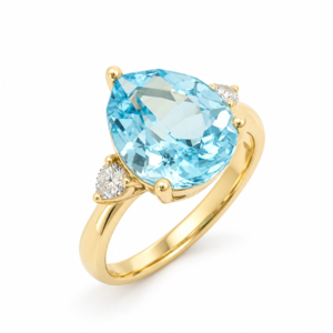 Brazilian Origin 4.00 Carat Blue Topaz and Canadian Diamond Three Stone Ring in Yellow Gold