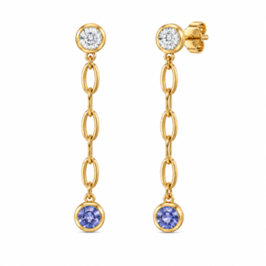 Blue Sapphire and Canadian Diamond Dangle Earrings in Yellow Gold
