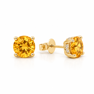 Citrine Stud Earrings with Canadian Diamond Hidden Halo in Yellow Gold