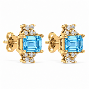 Blue Topaz and Canadian Diamond Floral Cluster Stud Earrings in Yellow Gold